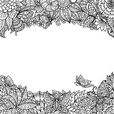 Mandala çiçekleri ve kelebekler baskı, oyma ya da boyama sayfası için çerçevelenmiştir. Vektör illüstrasyonu.