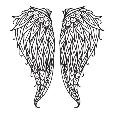 Tasarım elementi için mandala melek kanatları, kabartma, kağıt kesme, baskı ya da boyama kitabı. Vektör illüstrasyonu.