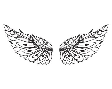 Tasarım elementi için mandala melek kanatları, kabartma, kağıt kesme, baskı ya da boyama kitabı. Vektör illüstrasyonu.