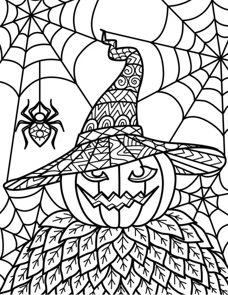 Halloween Pumpkin Scarecrow Mandala Hat Spider Web Printing Engraving Coloring — Stock Vector