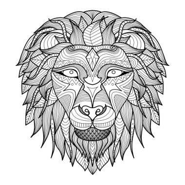 Etnik desenli beyaz zemin üzerine aslan başkanı / Afrika / Hindistan / totem / dövme tasarım. Kullanım için baskı, poster, t-shirt, logo, boyama kitabı