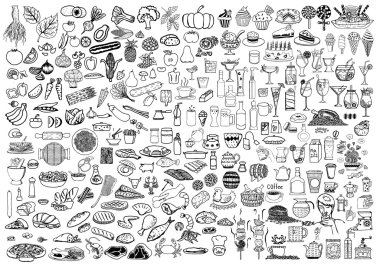 Gıdaların ayarla ve beyaz arka plan üzerinde içecekler doodle.