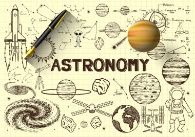 Elle astronomi hakkında 3d dolma kalem ve bir gezegen ile sarı kağıt üzerine çizilmiş
