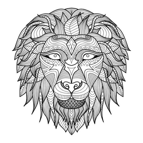 Cabeza estampada étnica de león sobre fondo blanco / diseño africano / indio / tótem / tatuaje. Uso para imprimir, carteles, camisetas, logotipo, libro para colorear — Vector de stock