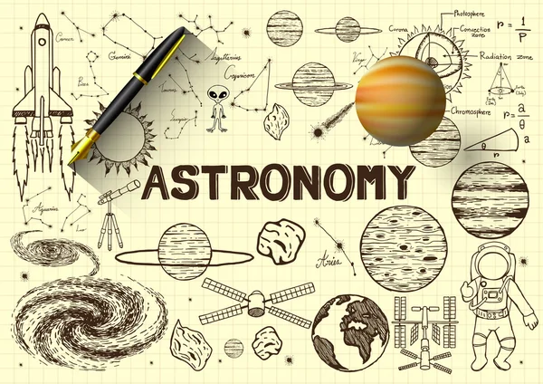Mão desenhada sobre astronomia em papel amarelo com caneta-tinteiro 3D e um planeta — Vetor de Stock