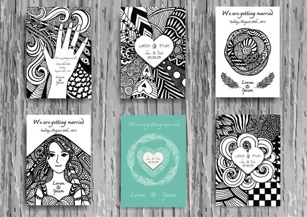 Conjunto de zentangle dibujado a mano en plantilla A4 para imprimir. plantilla de diseño de tarjeta de boda . — Archivo Imágenes Vectoriales