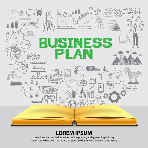 BUSINESS PLAN on opened notebook. — Stock Vector