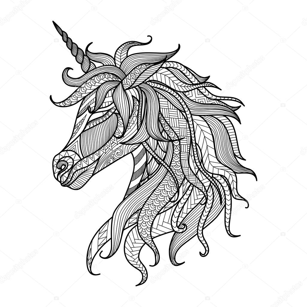 Drawing unicorn zentangle style for coloring book, tattoo, shirt design, logo,  sign