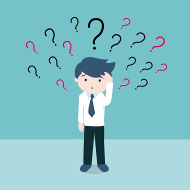 Confusing cute business man with question marks above his head clipart
