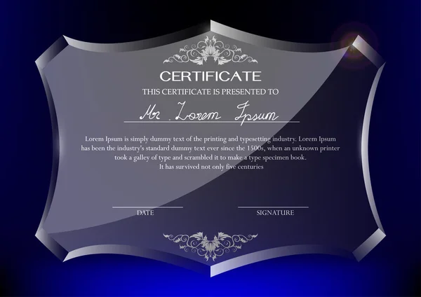 Certificado sobre troféu de vidro no fundo azul escuro . — Vetor de Stock