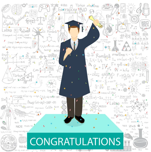 Estudiante graduado de pie en el podio conla palabra felicitaciones y educación doodles fondo . — Vector de stock