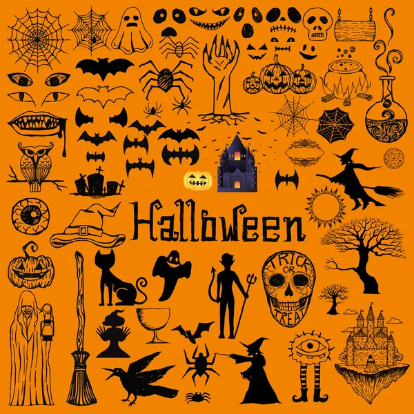 Set von dekorativen Elementen zu Halloween. Handgezeichnete Symbole. — Stockvektor