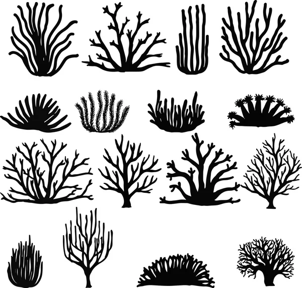 Corais desenhados à mão isolados em branco. Ícones de silhueta . —  Vetores de Stock