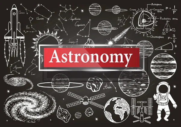 Doodles sobre astronomía en pizarra con marco transparente con la palabra Astronomía . — Vector de stock