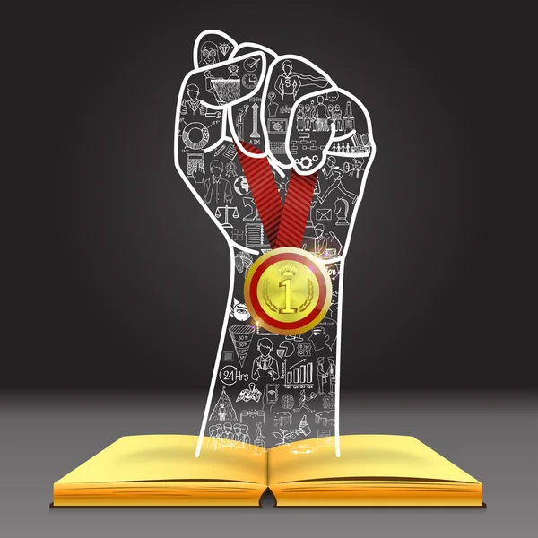 Doodles in hand shape holding the winner medal over open book. You can do it. — Stockvector