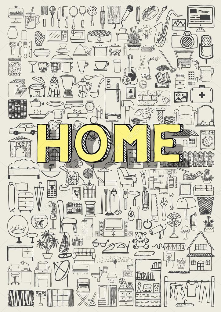 Big set of hand drawn home appliance icons. Home doodles