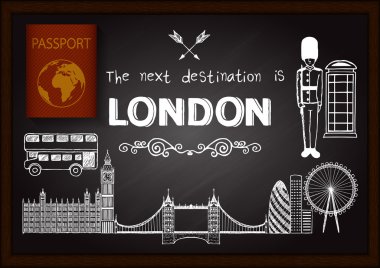 3d pasaportu ile kara tahta üzerinde Londra doodles.