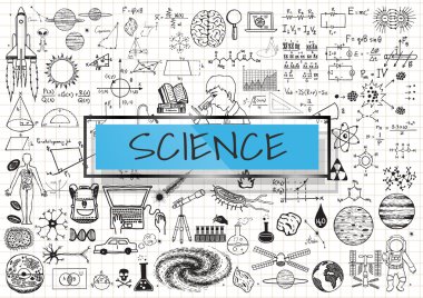 Beyaz kılavuz kağıt arka ışık mavi şeffaf çerçeve ile bilim doodles.