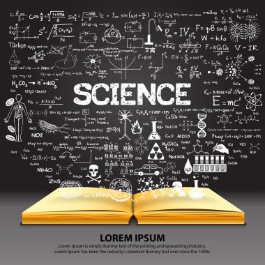 Bilim hakkında açık kitap kara tahta arka plan ile çizilmiş El.