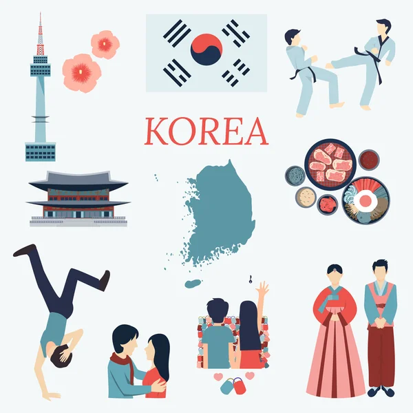 한국에 대 한 모든 평면 디자인 요소입니다. Kpop, 한국 시리즈, 국기, 국가 꽃, 태권도, 지도, 관광 명소, 등 — 스톡 벡터