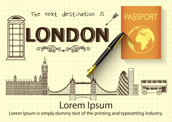 London doodles with 3D fountain pen and passport. — Stock Vector