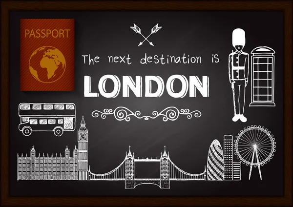 3d pasaportu ile kara tahta üzerinde Londra doodles.