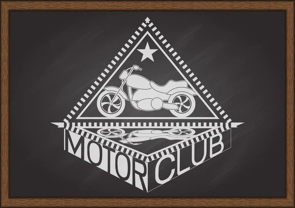 Motocicleta de aspecto plano vintage y marco de triángulo interior con sombra y tipografía MOTOR CLUB en pizarra . — Vector de stock