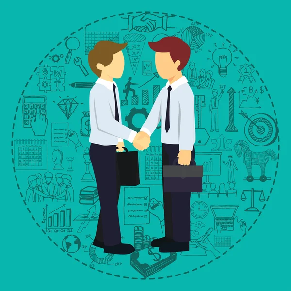 Успешные деловые партнеры пожимают руки с бизнес-рисунками фона . — стоковый вектор