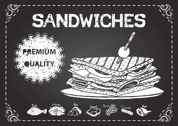 Tangan digambar sandwich di papan tulis - Stok Vektor