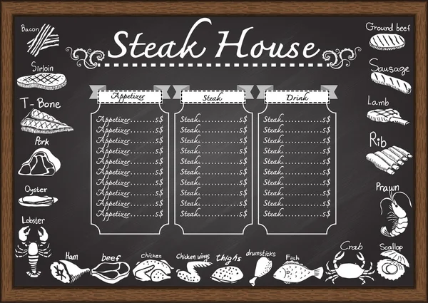 牛排馆菜单上黑板设计模板 — 图库矢量图片