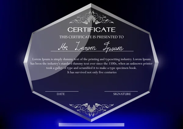 Plantilla de diseño de certificado sobre trofeo de vidrio y fondo oscuro — Archivo Imágenes Vectoriales