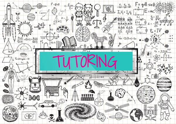 Tutoring doodle with 3d transparent frame with the word TUTORING. — Stock Vector