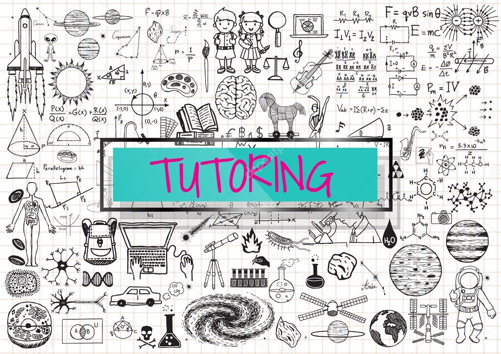 Tutoring doodle with 3d transparent frame with the word TUTORING.