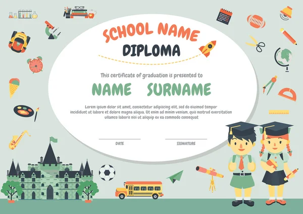 Preschool Elementary school Kids Diploma certificaatsjabloon achtergrond ontwerp — Stockvector