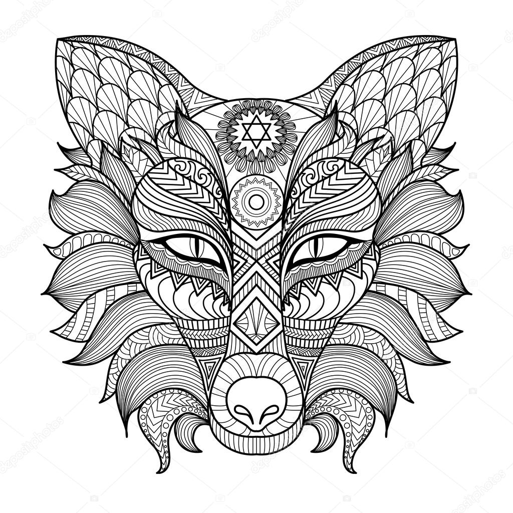Detail zentangle fox coloring page