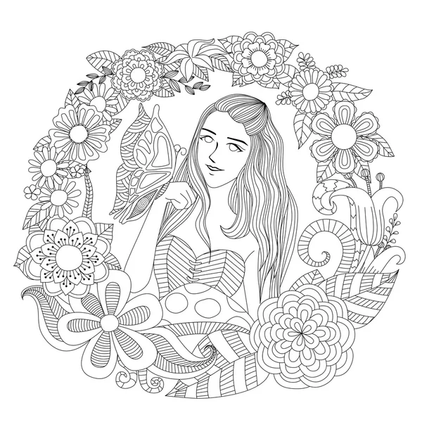 Chica bonita jugando con la mariposa en el arte de la línea de jardín de flores para colorear página para adultos . — Vector de stock