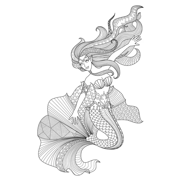 Detailed zentangle mermaid for coloring page — Stock Vector