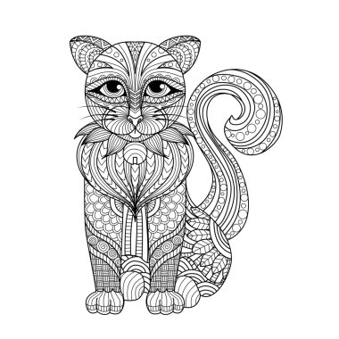 Çizim zentangle kedi boyama sayfası, gömlek tasarım etkisi, logo, dövme ve dekorasyon için.