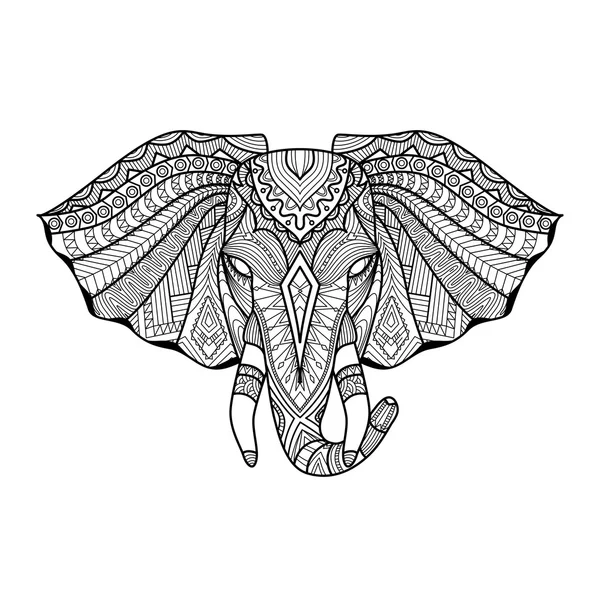 図面ユニークなエスニック象頭プリント、パターン、ロゴ、アイコン、t シャツ デザイン、ページを着色. — ストックベクタ