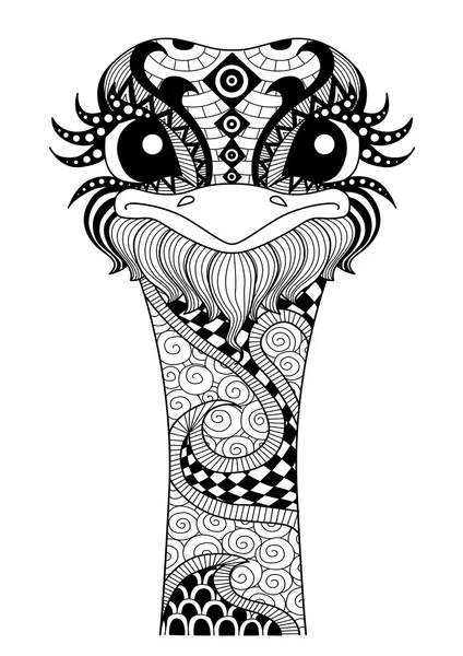 El çekilmiş zentangle devekuşu boyama sayfası, logo, t gömlek tasarım etkisi ve dövme için — Stok Vektör