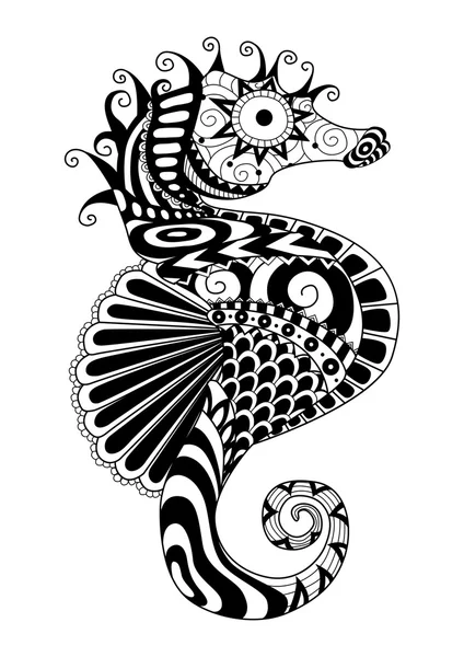 Elle çizilmiş deniz atı zentangle stil sayfası, t gömlek tasarım etkisi, logo dövme ve benzeri boyama için. — Stok Vektör