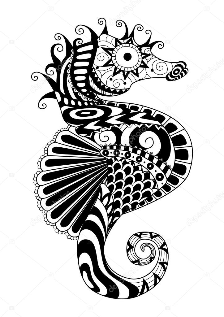 Hand drawn sea horse zentangle style for coloring page,t shirt design effect,logo tattoo and so on.