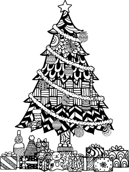 Hand drawn Christmas tree zentangle style with Christmas balls and gift boxes. — Stock Vector