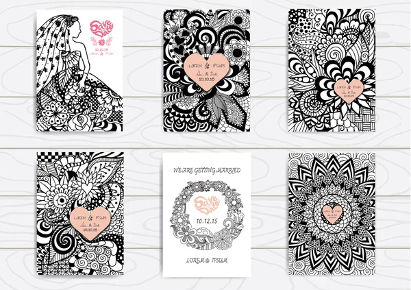 Set of hand drawn zentangle on A4 template for print. Wedding card design template. Royalty Free Stock Vectors