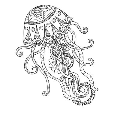 Kitap, gömlek tasarım veya dövme boyama için çizilmiş denizanası zentangle tarzı el
