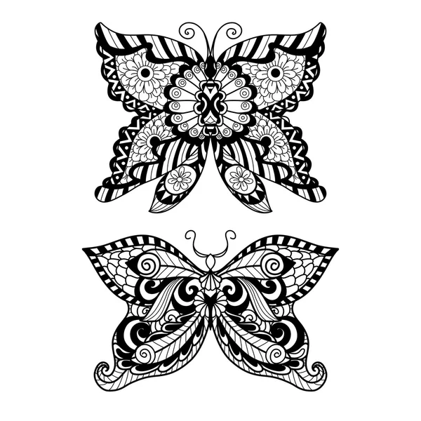 Gaya zentangle kupu-kupu gambar tangan untuk buku mewarnai, desain kemeja atau tato - Stok Vektor