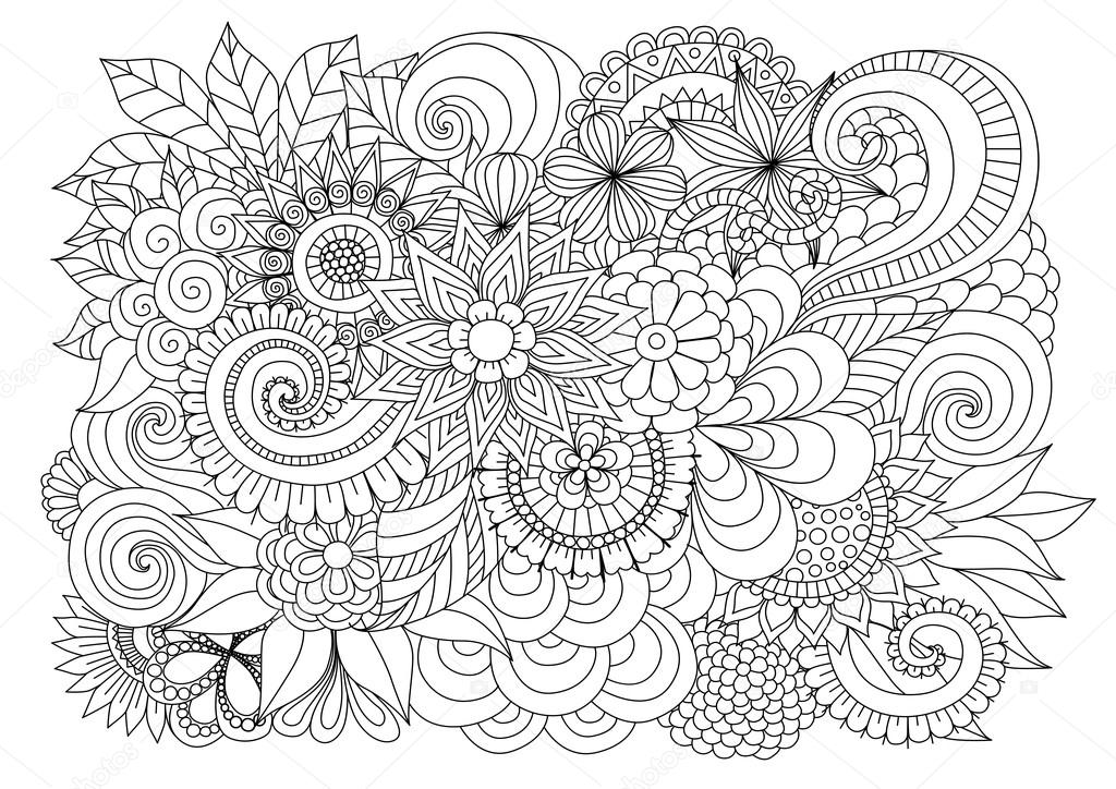 Hand drawn zentangle floral background for  coloring page