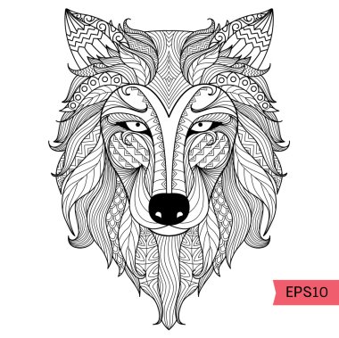Sayfa, dövme, t gömlek tasarım etkisi ve logosu boyama için ayrıntı zentangle kurt