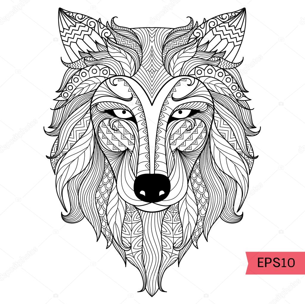 Detail zentangle wolf for coloring page,tattoo, t shirt design effect  and logo