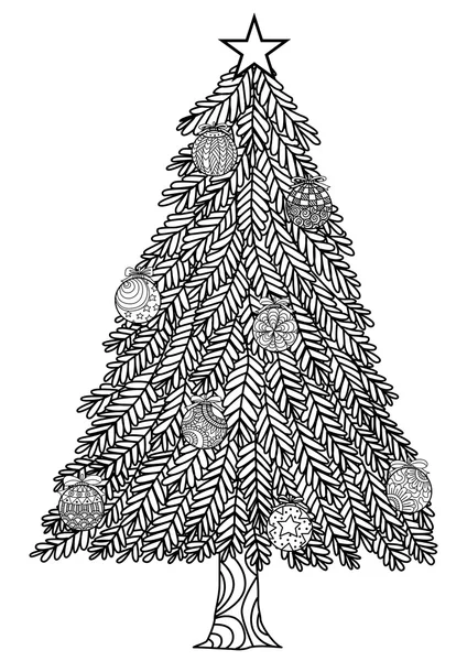 Estilo zentangle árvore de Natal desenhado à mão com bolas de Natal e caixas de presente . — Vetor de Stock